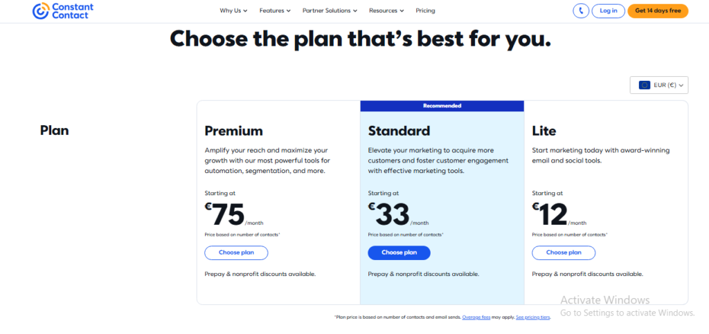 Pricing Plans costant contact